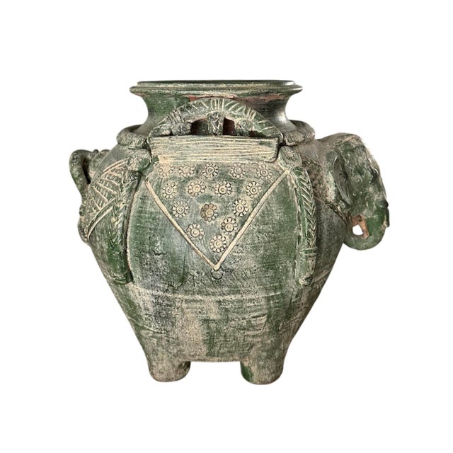 Chinoiserie Vintage Asian Pottery Elephant Vase / Pot / Vessel in a Matte Green Glaze For Sale - Image 3 of 7