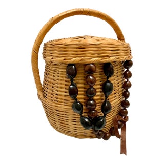 Binge Wood Woven Storage and Decor Basket With South American Nut Tree Beads. Set of Three For Sale