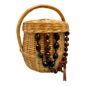 Vintage Wood Woven Storage and Decor Basket With South American Nut Tree Beads. Set of Three