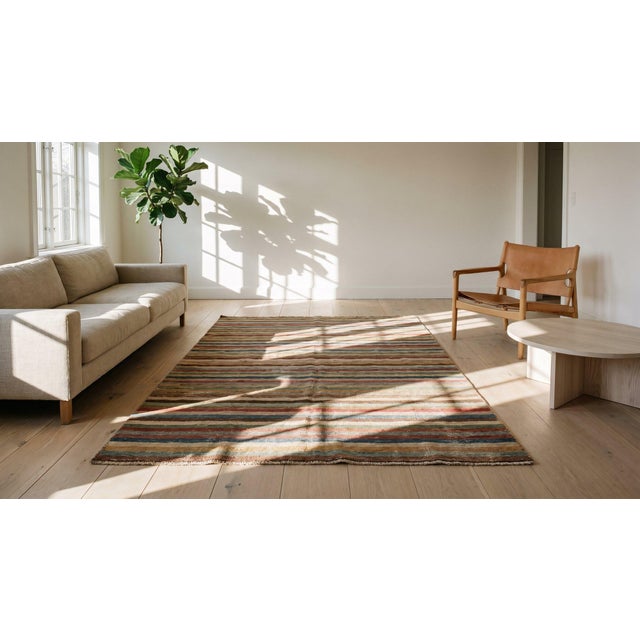 Red 1930s Multicolor Stripe Geometric Antique American Hooked Rug 5'5" X 8'7" Hand Knotted Wool Carpet For Sale - Image 8 of 9