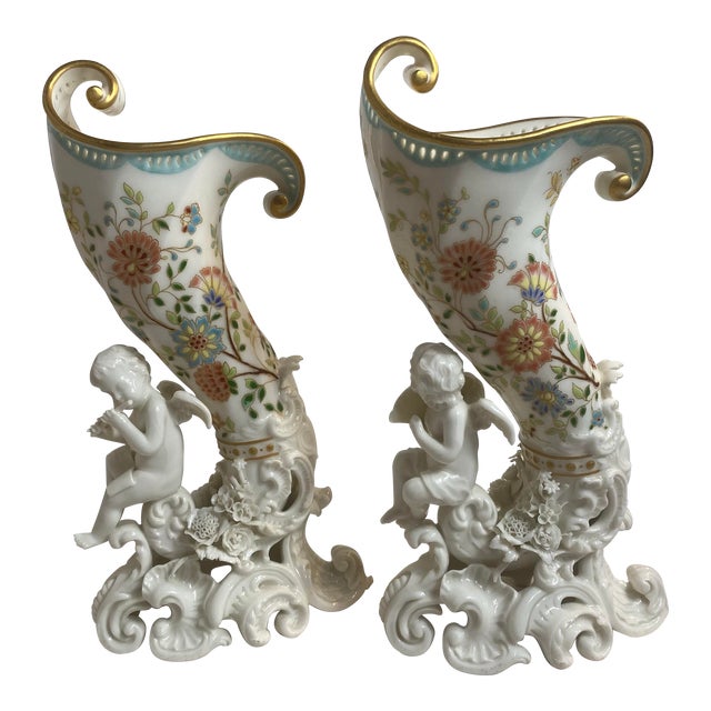 Pair of 1970s Cornucopia Hand Painted Floral With Cherubs on the Tips For Sale