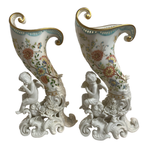 Pair of 1970s Cornucopia Hand Painted Floral With Cherubs on the Tips
