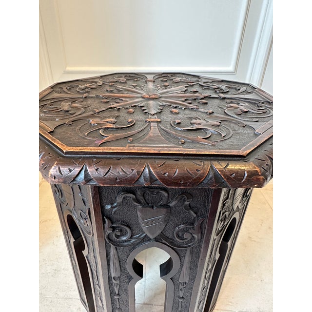 Gothic Vintage English Octagonal Side Table / Taboret With Sunburst Top For Sale - Image 3 of 10