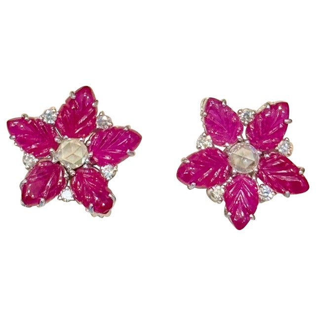 Tutti Frutti Earrings Natural Ruby Carved Leaves & Diamond Earrings in 18 KWG For Sale - Image 9 of 18