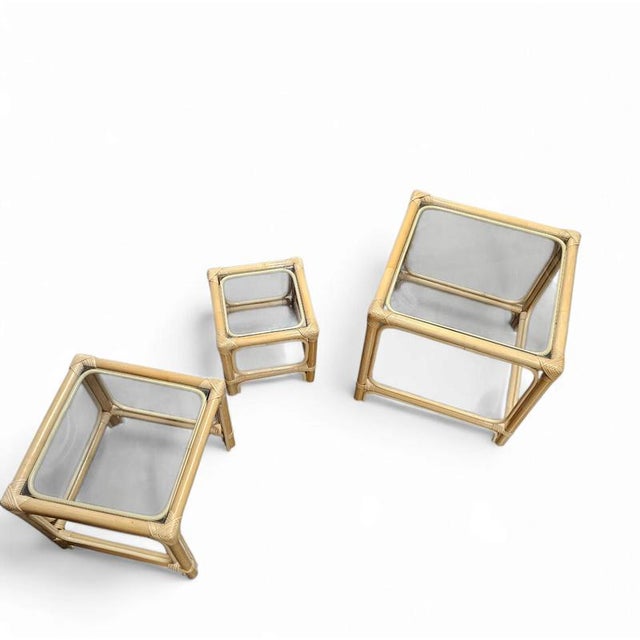 Wood Bamboo Nesting Side Tables with Clear Glass Tops, 1970s, Set of 3 For Sale - Image 7 of 12