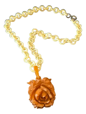 Vintage Bakelite Carved Butterscotch Rose Necklace –Celluloid Chain