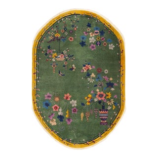 1930s Antique Small Floral Green Chinese Art Deco Wool Hand Knotted Oval Rug For Sale