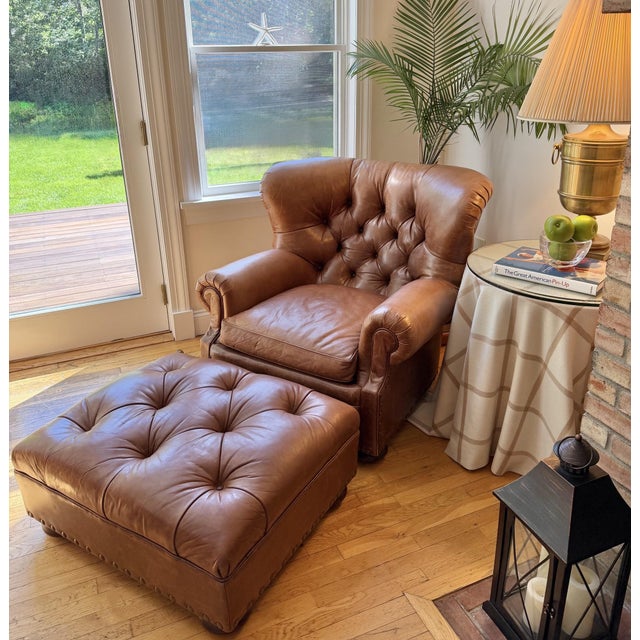 Ralph Lauren Ralph Lauren Chair and Ottoman Set in Saddle Toned Leather For Sale - Image 4 of 18