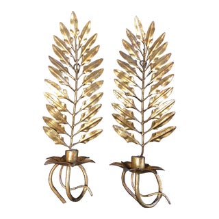 Pair Vintage Mid Century Metal Italian Gilt Fern Leaves Wall Sconces Candle Holders For Sale