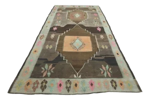 Vintage Turkish Kars Nomads Brown Kilim Rug