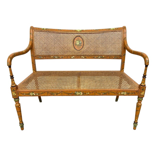 Late 20th Century Elegant Sheraton Style Painted Floral Cane Settee With Neoclassical Detailing For Sale