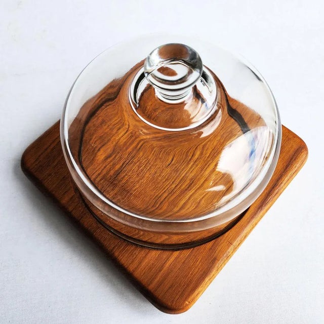 Chestnut 1970s Square Teak Wood Charcuterie Board With Glass Cloche For Sale - Image 8 of 10