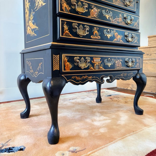 1970s Vintage Maddox Chinoiserie Black Lacquer Secretary Desk For Sale - Image 5 of 12