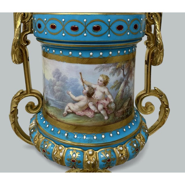 Late 19th Century Pair Antique French Sèvres Porcelain Ormolu Celeste Blue Jewell Table Urns Lamps For Sale - Image 6 of 11