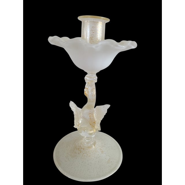 1920s Salviati Murano 1920s White Latticino Glass & Gold Aventurine Swan Candlestick For Sale - Image 5 of 8