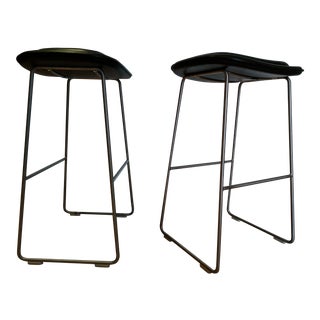 Jasper Morrison for Cappellini Black Leather Seats Hi-Pad Stools - A Pair For Sale