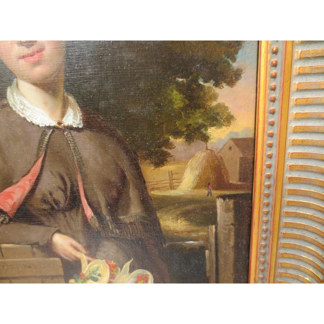 William Thompson Van Zandt (1819-1890), oil on panel of an unknown lady at the garden gate. Fashionable scene of a maiden...