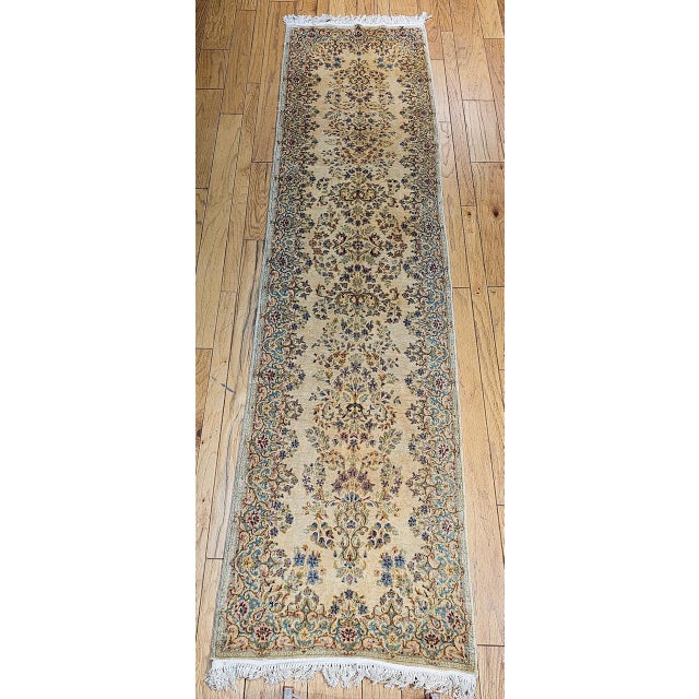 Vintage Persian Kerman Runner Rug, Hand-Knotted Wool, Allover Floral Pattern, Ivory & Blue,3x12 For Sale - Image 10 of 10