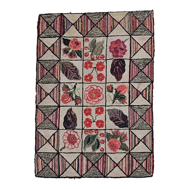 Vintage American Hand Hooked Rug, Block Design, Folk Art Tapestry, 2x3 For Sale