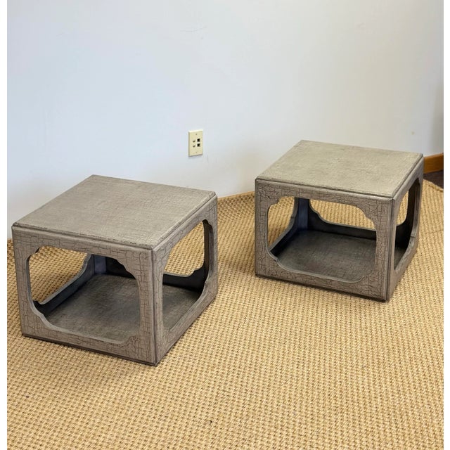 Michael Taylor for Baker Far East Chinoiserie Two Tier Grey Low Side Tables – a Pair For Sale In Detroit - Image 6 of 10