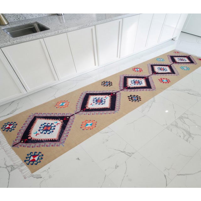 Contemporary Hand Woven Silk Runner Rug. Extra Long Hallway Decor. Turkish Silk Kilim. Luxury Kitchen Decor - New - 3′1″ X 14′1″ For Sale - Image 3 of 14
