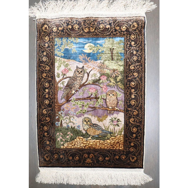 Zabihi Collection Signed Turkish Silk Herekeh Owl Rug For Sale - Image 9 of 9