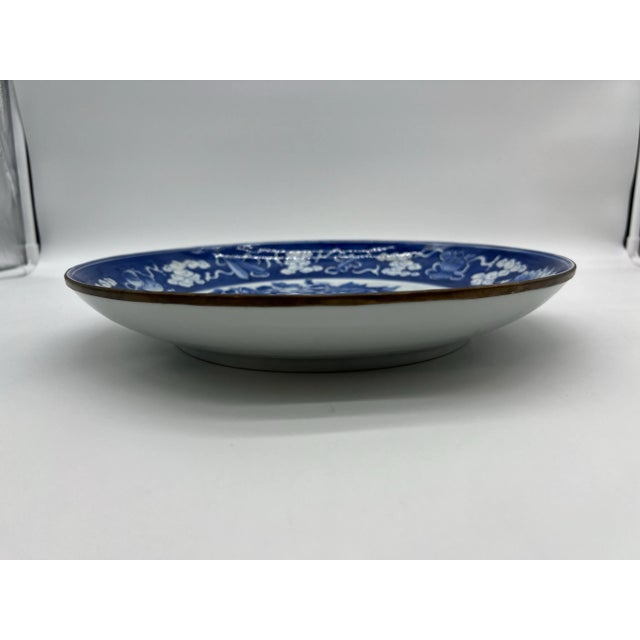 Vintage Chinese Porcelain Blue Decorated Charger With a Brass Rim, Circa 1930's For Sale - Image 10 of 11