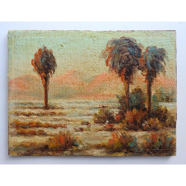 Small Mid 20th Century Desert Palm Trees Landscape Painting For Sale In Seattle - Image 6 of 7