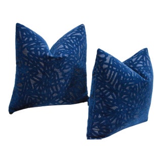 Pair of Luna Textiles “Boomerang” Blue Custom Pillows 22x22 In. For Sale