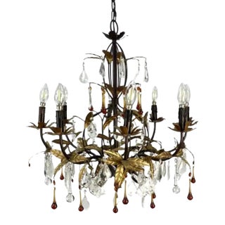 Eight Light Tole Chandelier Clear and Amber Crystal Drops For Sale