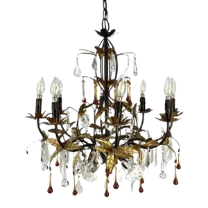 Eight Light Tole Chandelier Clear and Amber Crystal Drops