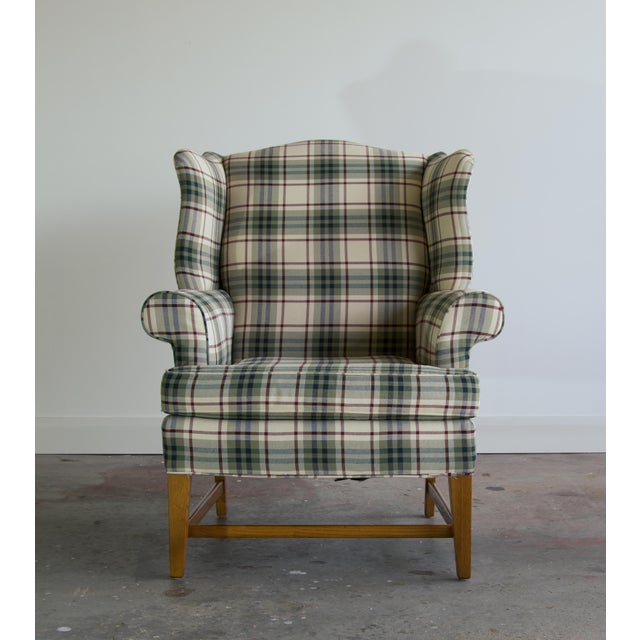 English Late 20th Century Plaid Camelback Wingback Chair, Made in Usa by Cochrane For Sale - Image 3 of 6