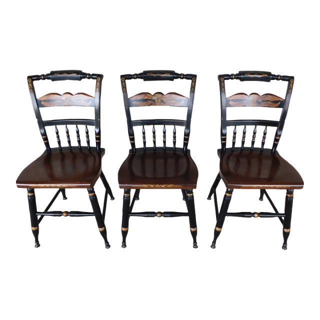 L Hitchcock Maple Stenciled Eagle Back Tavern Inn Chairs - Set of 3 For Sale