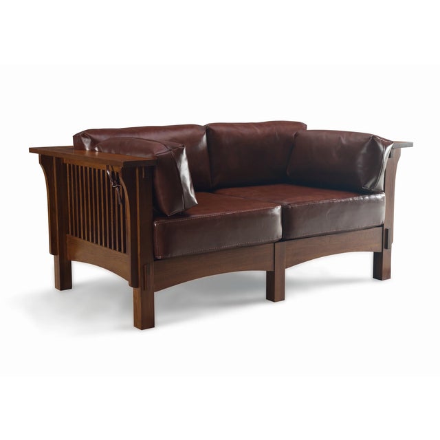 Mission Crafters and Weavers Arts and Crafts Craftsman Crofter Style Loveseat in Chestnut Leather For Sale - Image 3 of 5