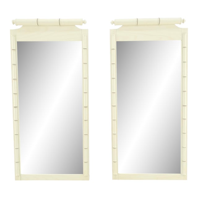 Pair of White Lacquer Mid Century Modern Rectangle Faux Bamboo Wall Mirrors For Sale