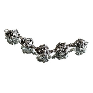 1940s Sterling Silver Floral Panel Bracelet With Repoussé Botanical Design For Sale