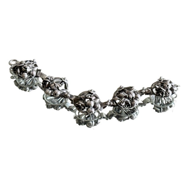 1940s Sterling Silver Floral Panel Bracelet With Repoussé Botanical Design For Sale