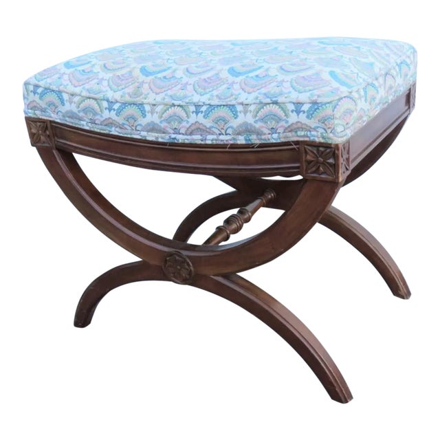 Mid 20th Century Regency Carved Cherry X Base Stool For Sale
