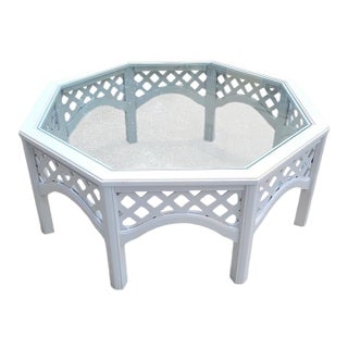Vintage White Gloss Octagonal Lattice Glass Top Regency Coffee Table For Sale