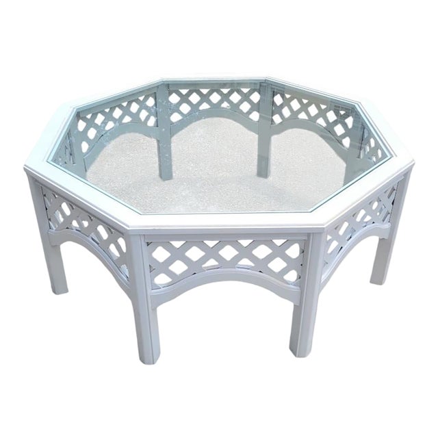 Vintage White Gloss Octagonal Lattice Glass Top Regency Coffee Table For Sale