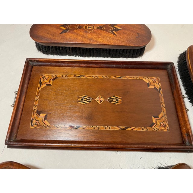 4 Piece Antique Handmade Folk Art Marquetry Wood Brush Vanity Grooming Set For Sale - Image 9 of 12