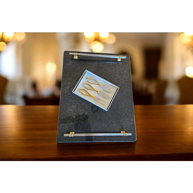 Contemporary Black Stone Serving Platter With Satin Nickel & Gold Handles + 3-Piece Cheese Knife Set For Sale - Image 3 of 6