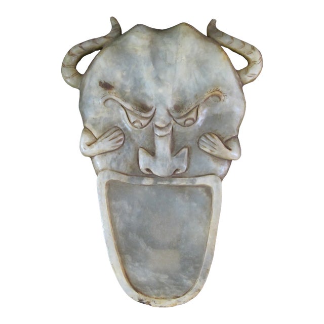 Chinese Green Jade Horned Devil Demon Inkstone Carving | Chairish