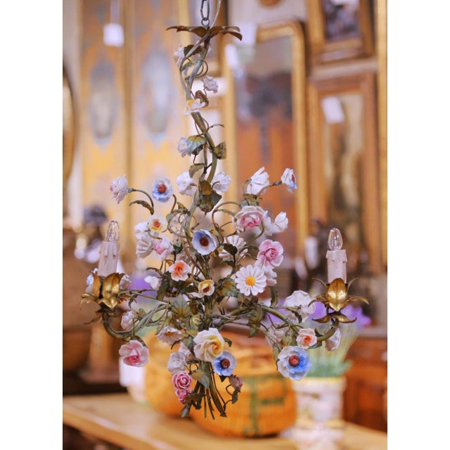 Early 20th Century French Floral Porcelain and Iron Three-Light Chandelier For Sale In Dallas - Image 6 of 11