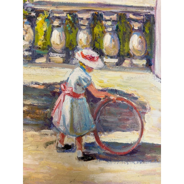 Original oil on canvas by Katia Pissarro, titled L'enfant au Cerceau, depicting a sunlit garden terrace overlooking the...