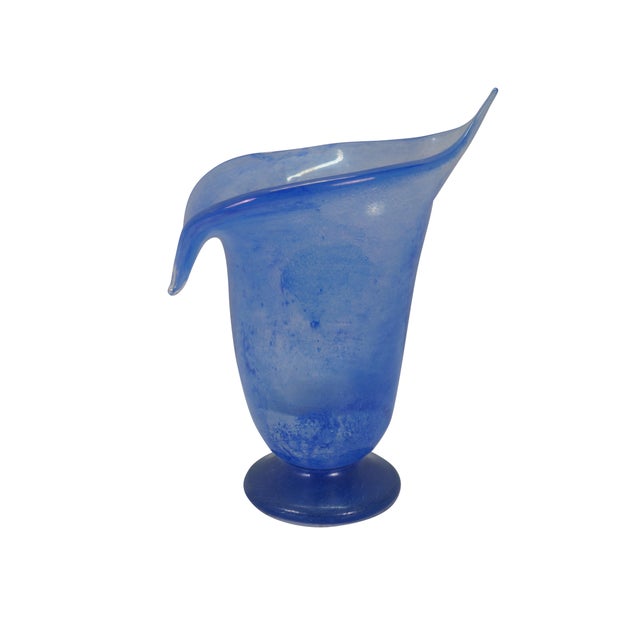 Vintage 20th century translucent mottled blue hand blown art glass vase in the shape of a jack-in-the-pulpit flower with a...