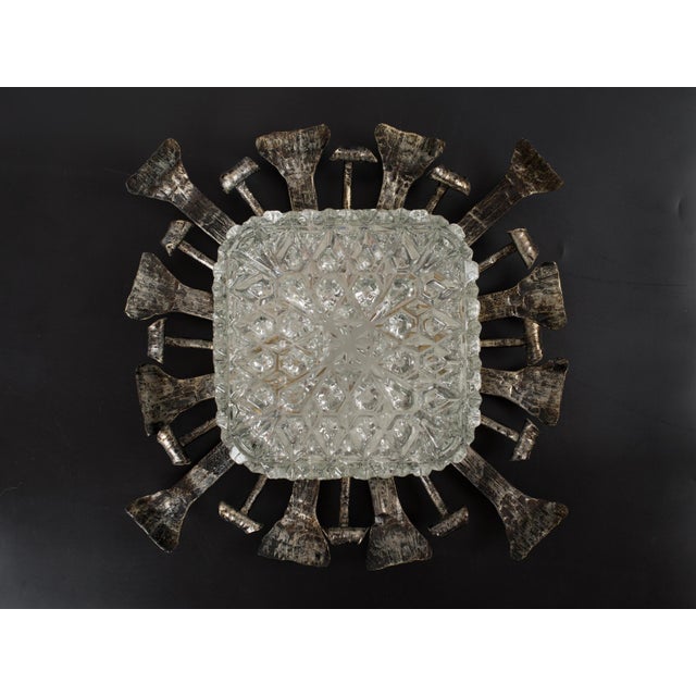 1950s Spanish Brutalist Flush Mount Ceiling Light – Silvered Wrought Iron & Heavy Embossed Glass For Sale - Image 11 of 14