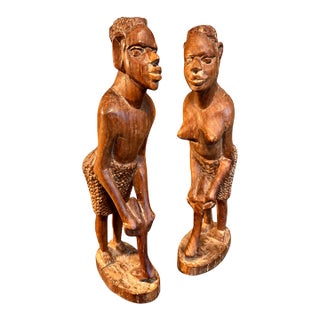 1960s African Makonde Hand-Carved Wood Sculptures | Male and Female Agricultural Workers | Matched Pair For Sale