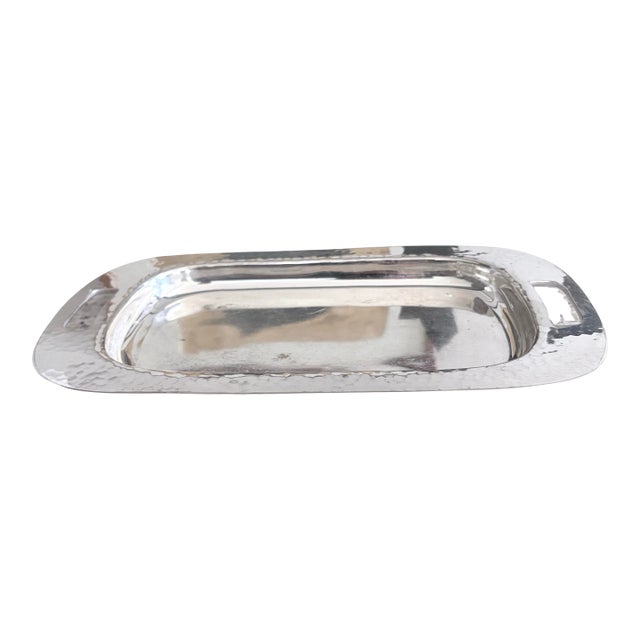 Vintage Silver-Plate Serving Tray by Wm Mounts & Co. 10.5” Long With Hammered Design For Sale