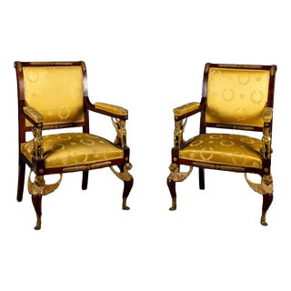 French Empire Style Armchairs with Gilt Bronze Mounts, Set of 2 For Sale
